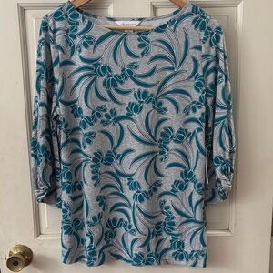Liz Claiborne Teal and Gray Floral Long Sleeve Top